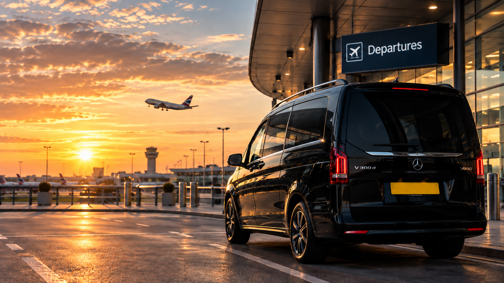 Black UK-spec Mercedes airport transfer van at departures at sunset